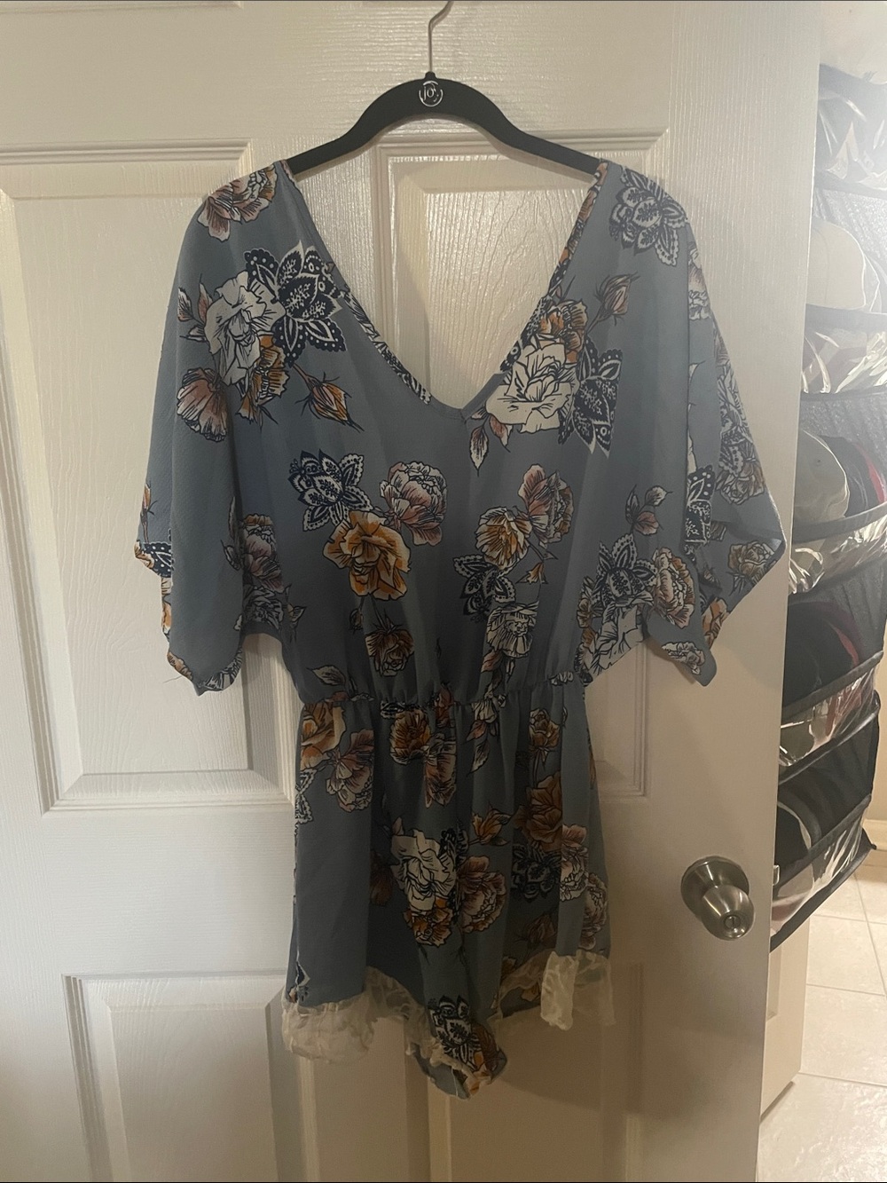 Charlotte Russe Dusty Blue Floral V-Neck Tunic with Mustard Accents